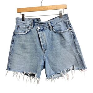 AGOLDE Criss Cross Waist Denim Shorts Distressed Frayed Blue Size‎ 28
